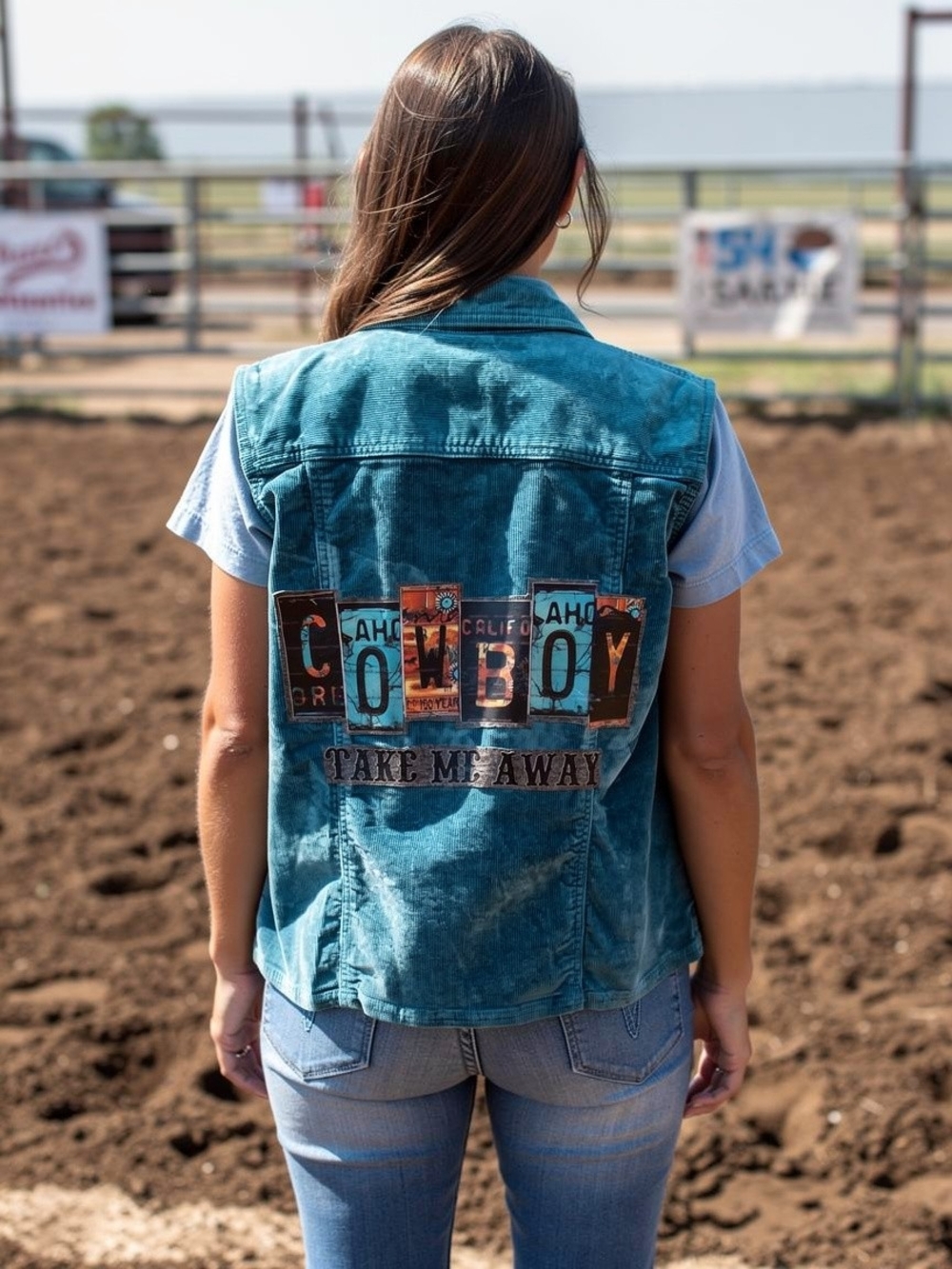 Womens Turquoise Vest With Graphic 'Cowboy Take Me Away' License Plate Design